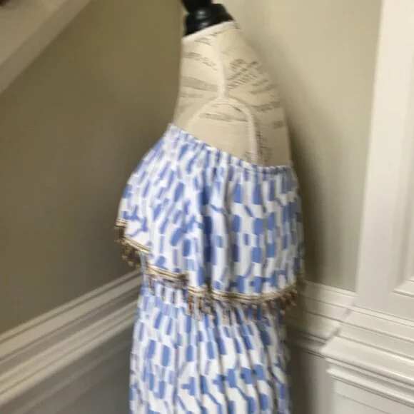 Skemo Beaded Maxi Dress Womens Small Blue White Sleeveless Tube Cover Up Ruffle - Picture 10 of 12